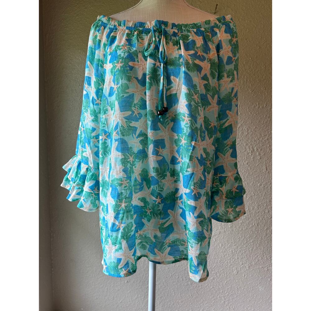 Late August Starfish Tropical Peasant Blouse Blue Green Off Shoulder Size M